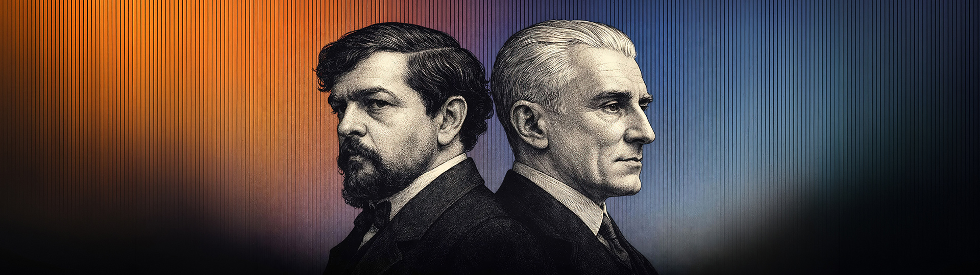 Illustrated portraits of Claude Debussy and Maurice Ravel facing opposite directions against a warm-to-cool gradient background.