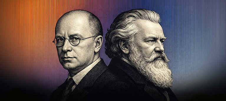 A detailed woodcut-style illustration showing the faces and profiles of Sergei Prokofiev and Johannes Brahms, posed back-to-back. Prokofiev, on the left, is seen in a three-quarter view, wearing glasses and a dark suit with a tie, his face in serious thought. Brahms, on the right, is in profile, distinguished by his abundant, flowing beard and hair. They are set against a background featuring fine vertical lines that shift in color from orange on the left to blue on the right, with a purple-toned transition in the center.