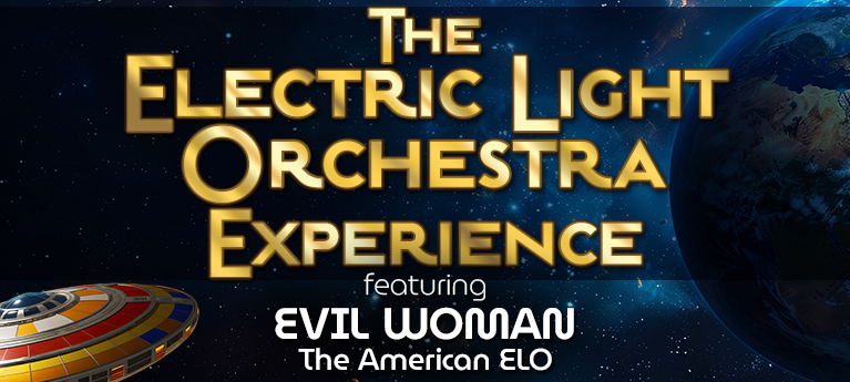 The ELO Experience featuring Evil Woman, The American ELO, shown in gold lettering against a space background with Earth.
