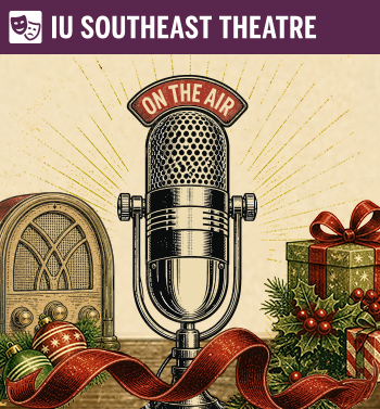 Vintage holiday graphic for A 1940s Radio Christmas Carol with an old radio, microphone, gifts, ribbon, holly, and snowflakes.