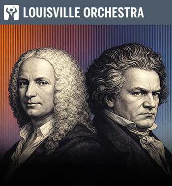Illustrated portraits of Antonio Vivaldi and Ludwig van Beethoven facing opposite directions against a warm-to-cool gradient background.