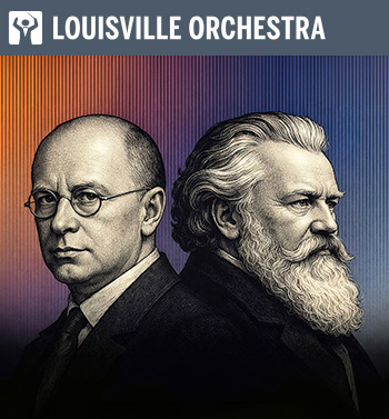 A detailed woodcut-style illustration showing the faces and profiles of Sergei Prokofiev and Johannes Brahms, posed back-to-back. Prokofiev, on the left, is seen in a three-quarter view, wearing glasses and a dark suit with a tie, his face in serious thought. Brahms, on the right, is in profile, distinguished by his abundant, flowing beard and hair. They are set against a background featuring fine vertical lines that shift in color from orange on the left to blue on the right, with a purple-toned transition in the center.